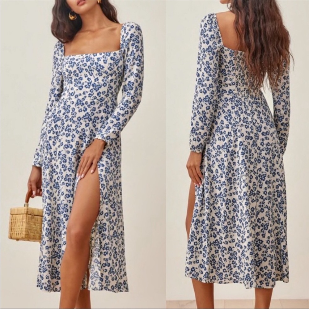 Reformation Sigmund Midi Floral Blue White Dress In Milanesa Puff Sleeves